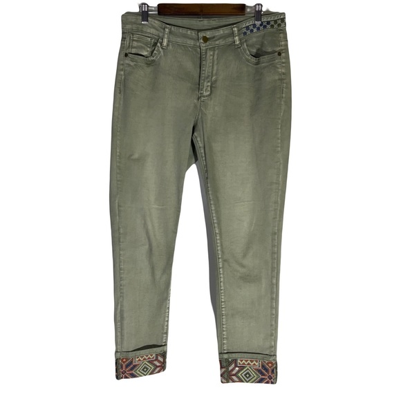 Tempo Paris Denim Lighter Green Five Pockets Aztec Embroidery @ Hems & Waist XL - Picture 1 of 16